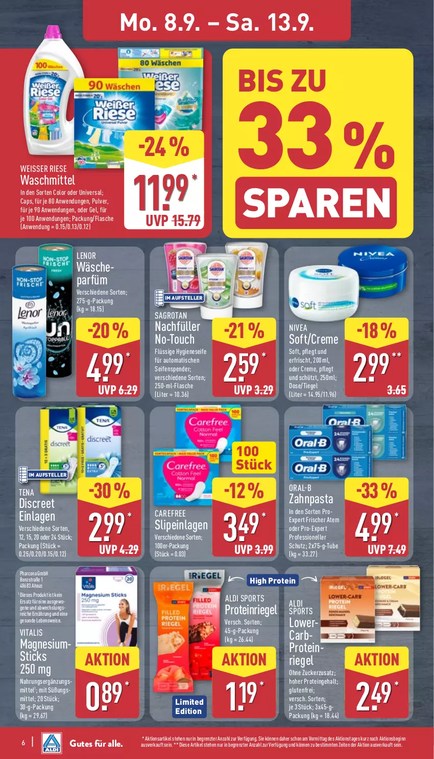 Aktueller Prospekt Aldi Nord - Von Montag - von 08.09 bis 13.09.2025 - strona 10 - produkty: aldi, auto, Cap, carefree, creme, Discreet, eis, elle, flasche, gin, lenor, magnesium, nivea, oral-b, pasta, riegel, sagrotan, Seife, seifenspender, slip, slipeinlagen, Sport, teller, Ti, tisch, vita, vitalis, waschmittel, Weisser Riese, zahnpasta, ZTE, zucker