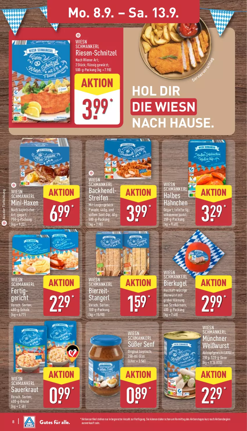 Aktueller Prospekt Aldi Nord - Von Montag - von 08.09 bis 13.09.2025 - strona 12 - produkty: auer, aus der tiefkühlung, axe, Backhendl, beutel, bier, dip, gewürz, gin, Haxe, Hendl, Kraut, Kugel, reifen, Sauerkraut, Schal, Schale, schnitzel, senf, Ti, Weißwurst, wiener, wurst, ZTE