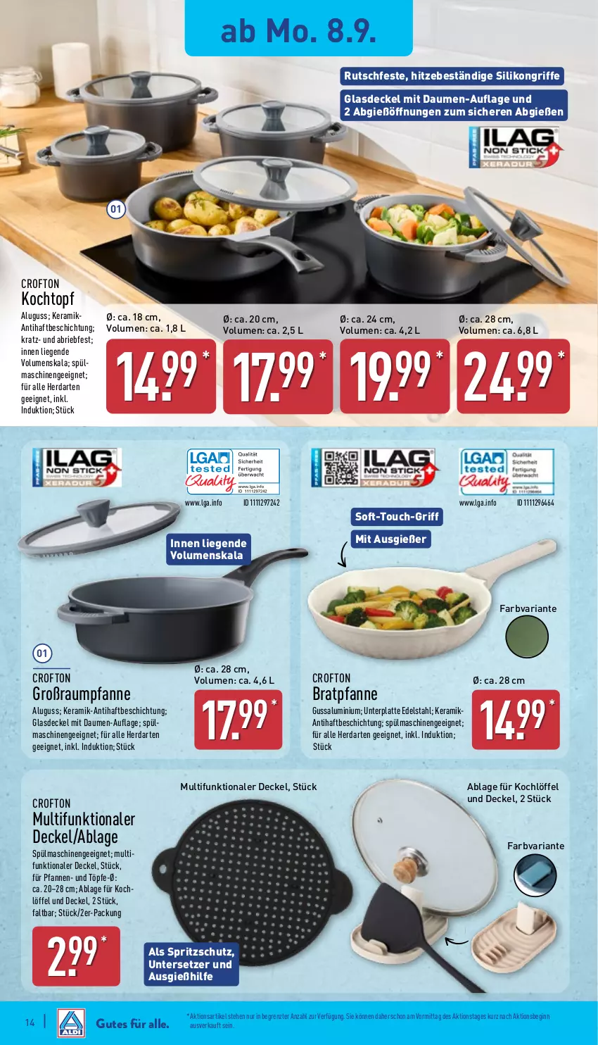 Aktueller Prospekt Aldi Nord - Von Montag - von 08.09 bis 13.09.2025 - strona 18 - produkty: bratpfanne, brie, Crofton, decke, Deckel, edelstahl, gin, Glasdeckel, herdarten, Kochlöffel, Kochtopf, latte, LG, Liege, Löffel, pfanne, pfannen, Ria, Spritzschutz, spülmaschinen, Ti, topf, Untersetzer, ZTE