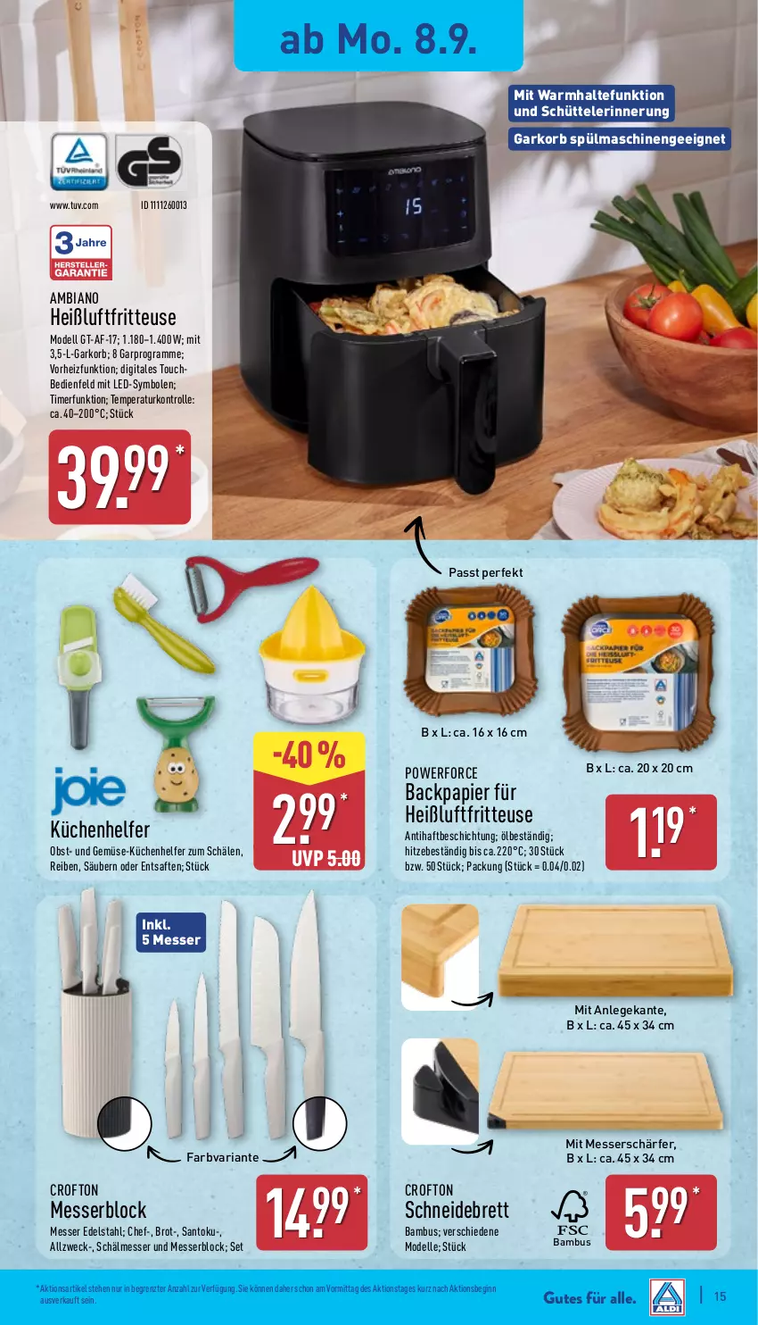Aktueller Prospekt Aldi Nord - Von Montag - von 08.09 bis 13.09.2025 - strona 19 - produkty: ambia, bambus, brot, Crofton, dell, edelstahl, elle, fritteuse, gin, Heißluftfritteuse, korb, küche, Küchen, Küchenhelfer, messer, messerblock, Mode, obst, papier, Ria, saft, schneidebrett, spülmaschinen, Ti, timer, und gemüse, weck, ZTE