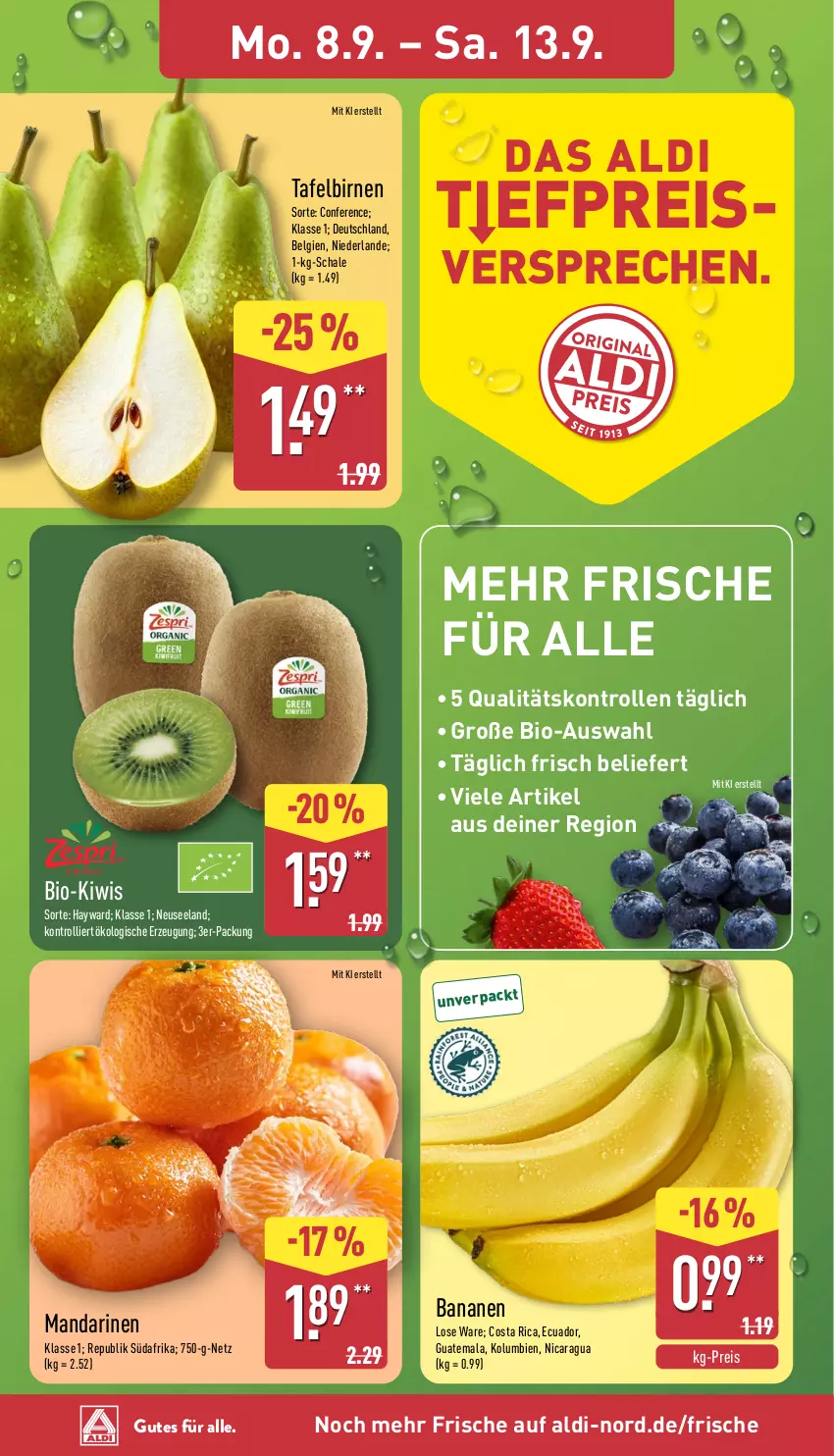 Aktueller Prospekt Aldi Nord - Von Montag - von 08.09 bis 13.09.2025 - strona 2 - produkty: aldi, banane, bananen, bio, Birnen, eis, Elan, kiwi, LG, mandarine, mandarinen, reis, Schal, Schale, tafelbirnen, Ti, trolli