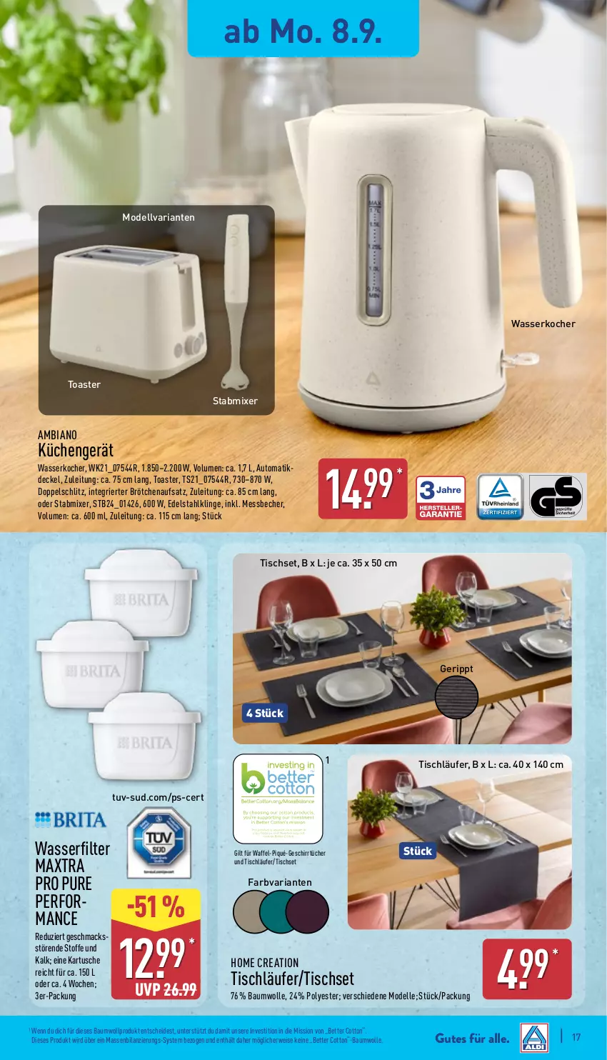 Aktueller Prospekt Aldi Nord - Von Montag - von 08.09 bis 13.09.2025 - strona 21 - produkty: ambia, auto, Bau, baumwolle, Becher, bett, brötchen, brötchenaufsatz, decke, Deckel, dell, edelstahl, eis, elle, geschirr, geschirrtücher, K2, Kocher, küche, Küchen, Läufer, mac, Maxtra, Messbecher, Mixer, Mode, Ria, rwe, stabmixer, Ti, tisch, tischläufer, Tischset, toast, toaster, tücher, wasser, wasserfilter, wasserkocher, wolle