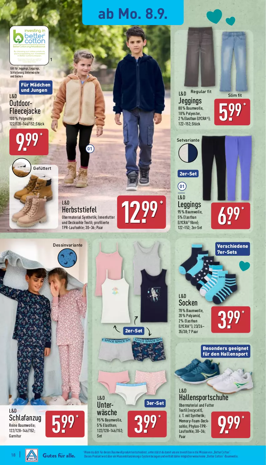 Aktueller Prospekt Aldi Nord - Von Montag - von 08.09 bis 13.09.2025 - strona 22 - produkty: Anzug, Bau, baumwolle, bett, decksohle, eis, Fleecejacke, garnitur, gin, Hylo, Jacke, leggings, obermaterial synthetik, reine baumwolle, Ria, rwe, Schlafanzug, schuhe, socken, Sport, Ti, Unterwäsche, wolle