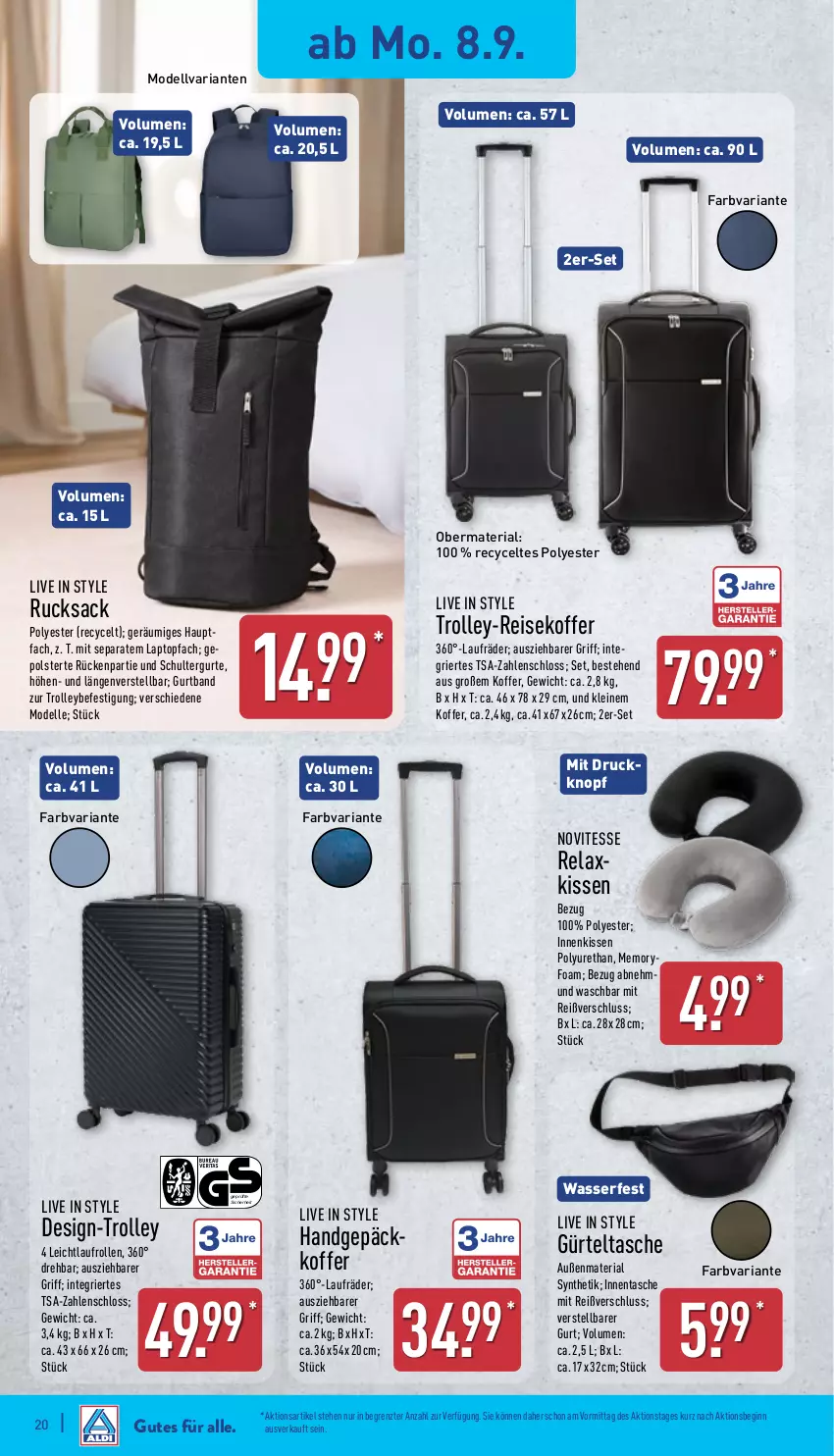 Aktueller Prospekt Aldi Nord - Von Montag - von 08.09 bis 13.09.2025 - strona 24 - produkty: dell, eis, elle, gin, gürteltasche, kissen, koffer, Laptop, laufräder, leine, Mode, reis, rel, Ria, rucksack, sac, Tasche, Ti, topf, trolley, wasser, ZTE