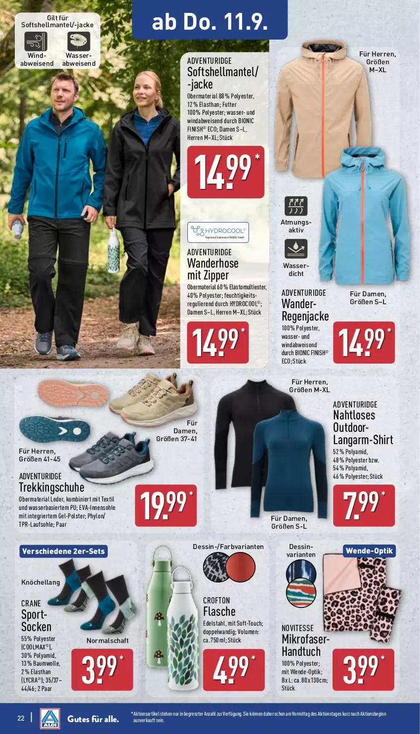 Aktueller Prospekt Aldi Nord - Von Montag - von 08.09 bis 13.09.2025 - strona 26 - produkty: Bau, baumwolle, bio, Crofton, edelstahl, eis, elle, Finish, flasche, gin, handtuch, hella, hose, Hylo, Jacke, Mantel, mikrofaser, Ria, schuhe, shirt, socken, Sport, sportsocken, Ti, Trekkingschuh, Trekkingschuhe, tuc, Wanderhose, wasser, wolle, zipper, ZTE