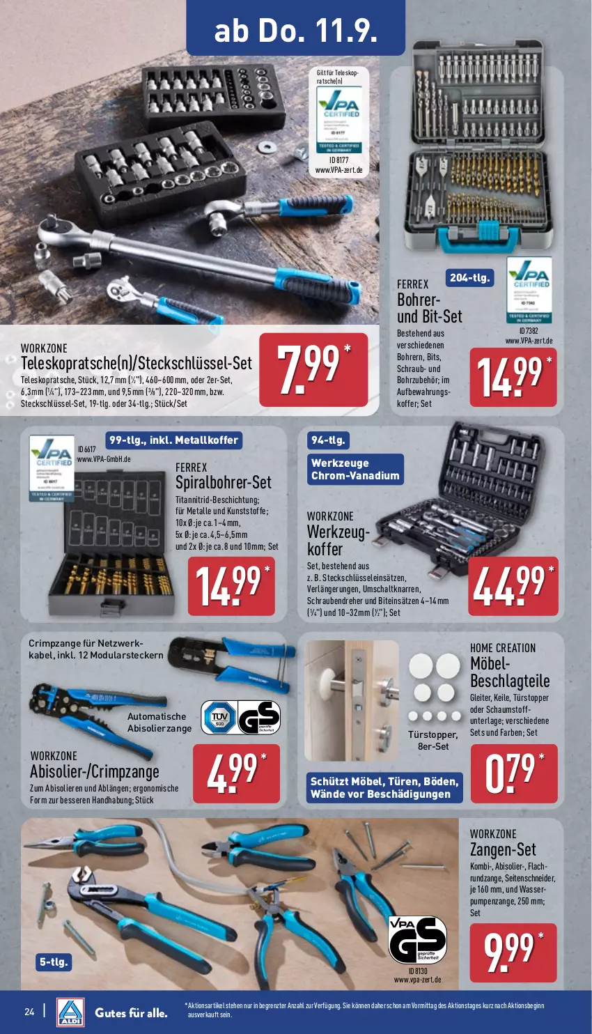 Aktueller Prospekt Aldi Nord - Von Montag - von 08.09 bis 13.09.2025 - strona 28 - produkty: abis, auto, Bohrer-Set, ferrex, gin, koffer, LG, möbel, Schal, schrauben, Schraubendreher, Seitenschneide, Teleskop, Ti, tisch, topper, türstopper, wasser, werkzeug, werkzeuge, Zangen, ZTE