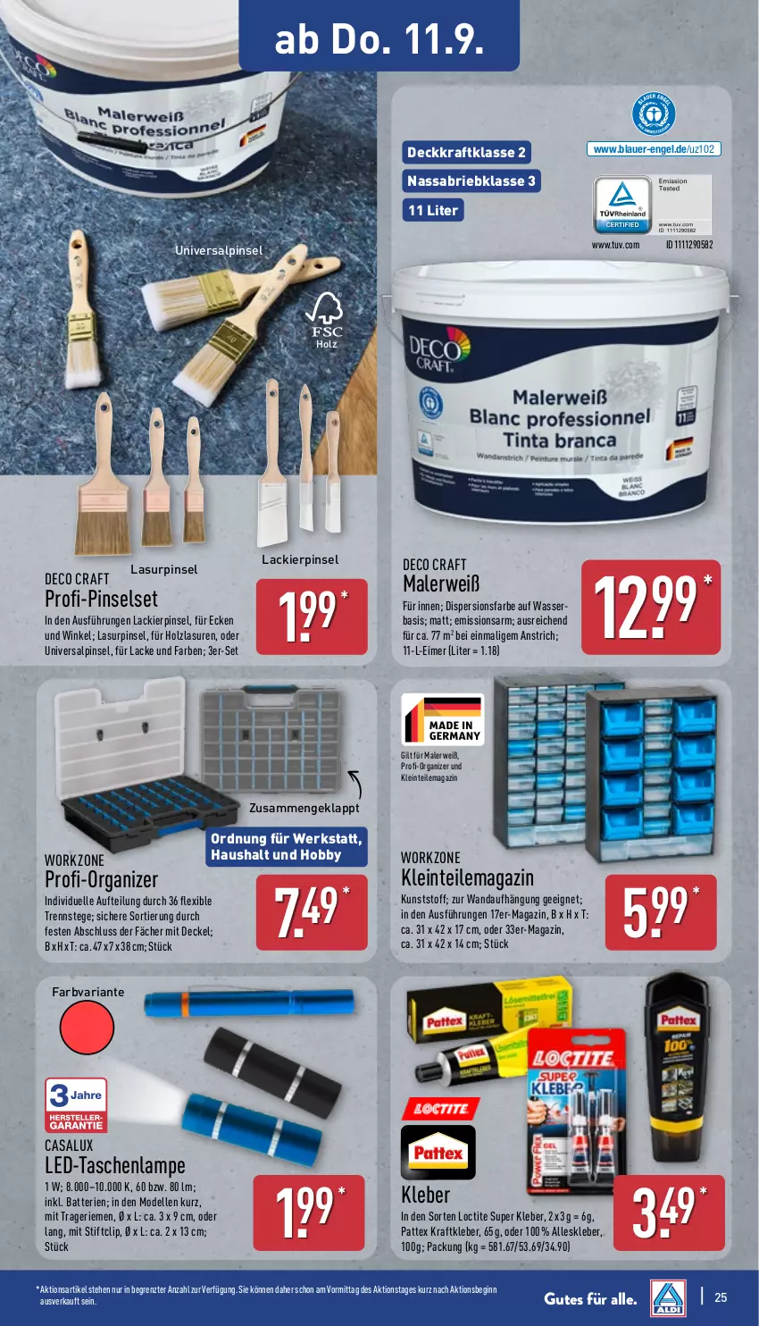 Aktueller Prospekt Aldi Nord - Von Montag - von 08.09 bis 13.09.2025 - strona 29 - produkty: auer, batterie, batterien, brie, decke, Deckel, dell, eimer, elle, Engel, gin, Hobby, Holz, holzlasur, kleber, kraft, lack, Lacke, Lampe, magazin, Mode, pattex, Pinsel, Pinselset, Ria, rwe, Tasche, taschen, Ti, wasser, ZTE