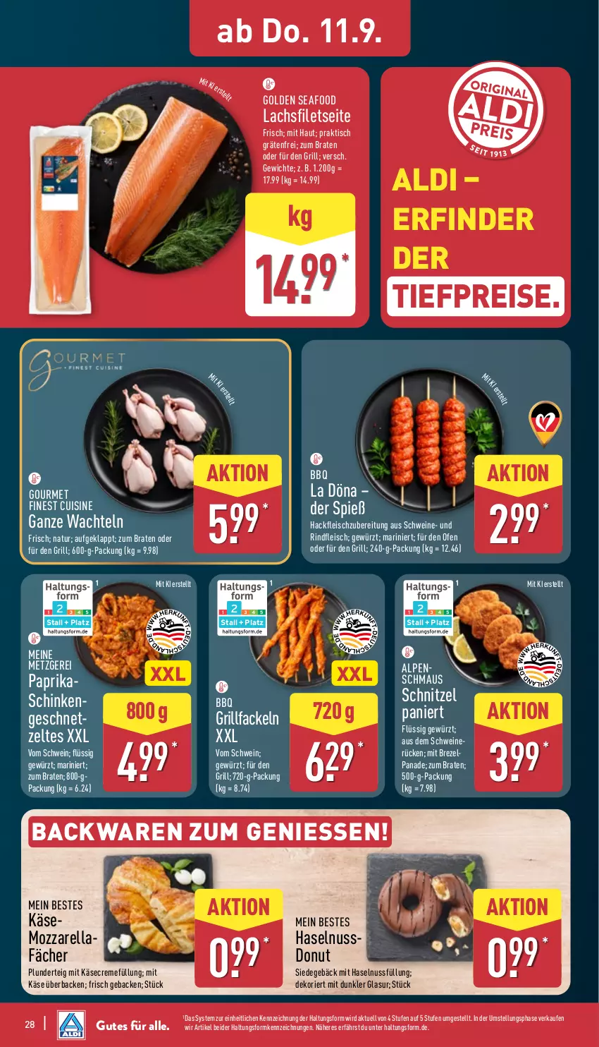 Aktueller Prospekt Aldi Nord - Von Montag - von 08.09 bis 13.09.2025 - strona 32 - produkty: aldi, backwaren, bio, braten, brezel, creme, Donut, eis, filet, filets, fleisch, geback, gewürz, grill, grillfackeln, hackfleisch, haselnuss, Käse, lachs, lachsfilet, lachsfilets, Maus, mozzarella, natur, nuss, Ofen, paprika, Plunder, reis, rel, rind, rindfleisch, schinken, schnitzel, schwein, schweine, ssd, Ti, tiefpreis, tisch, wein, weine, Zelt