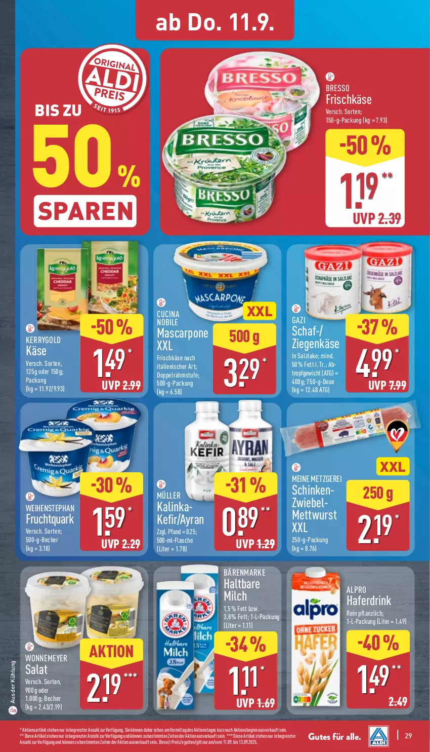 Aktueller Prospekt Aldi Nord - Von Montag - von 08.09 bis 13.09.2025 - strona 33 - produkty: alpro, Ayran, bärenmarke, Becher, bresso, cin, doppelrahmstufe, drink, eis, flasche, frischkäse, frucht, Fruchtquark, gin, hafer, Haferdrink, haltbare milch, Käse, Kefir, kerrygold, mascarpone, Mett, mettwurst, milch, Müller, quark, reis, salat, salz, schinken, Ti, weihenstephan, wurst, ziegenkäse, ZTE, zwiebel