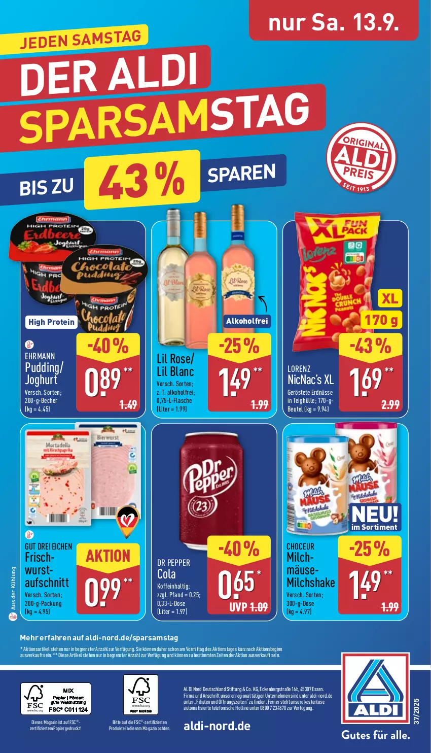 Aktueller Prospekt Aldi Nord - Von Montag - von 08.09 bis 13.09.2025 - strona 40 - produkty: aldi, alkohol, aufschnitt, auto, Becher, beutel, cola, ehrmann, erdnüsse, flasche, gin, joghur, joghurt, lorenz, magazin, milch, papier, pudding, shake, telefon, Ti, wurst, ZTE