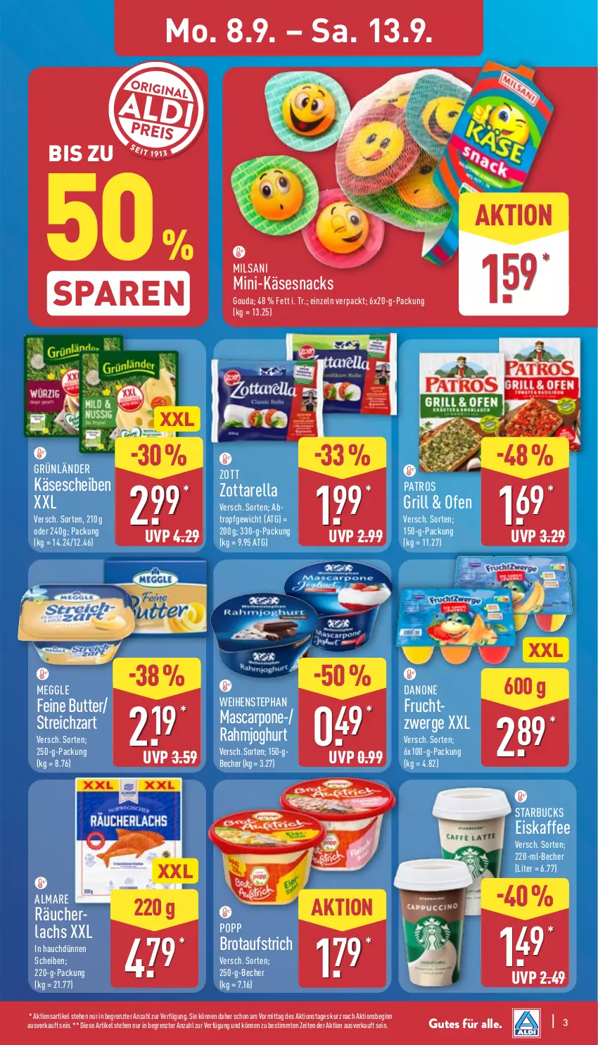 Aktueller Prospekt Aldi Nord - Von Montag - von 08.09 bis 13.09.2025 - strona 7 - produkty: almare, aufstrich, Becher, brot, brotaufstrich, butter, danone, eis, eiskaffee, frucht, gin, gouda, grill, grünländer, joghur, joghurt, kaffee, Käse, lachs, mascarpone, meggle, Ofen, patros, Popp, rahmjoghurt, Räucherlachs, rel, snack, snacks, starbucks, Streichzart, Ti, weihenstephan, zott, zottarella, ZTE