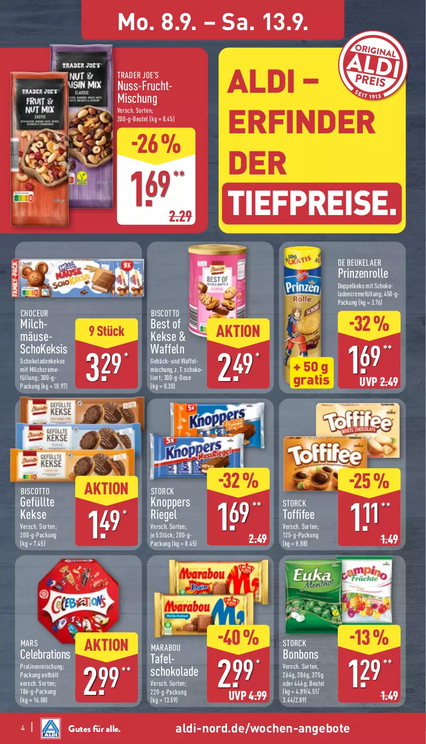 Aktueller Prospekt Aldi Nord - Von Montag - von 08.09 bis 13.09.2025 - strona 8 - produkty: aldi, angebot, angebote, beutel, biscotto, bonbons, creme, de beukelaer, eis, frucht, keks, kekse, knoppers, Marabou, mars, milch, nuss, pralinen, prinzenrolle, reis, riegel, schoko, schokolade, schokoladen, storck, Ti, tiefpreis, toffifee, waffeln