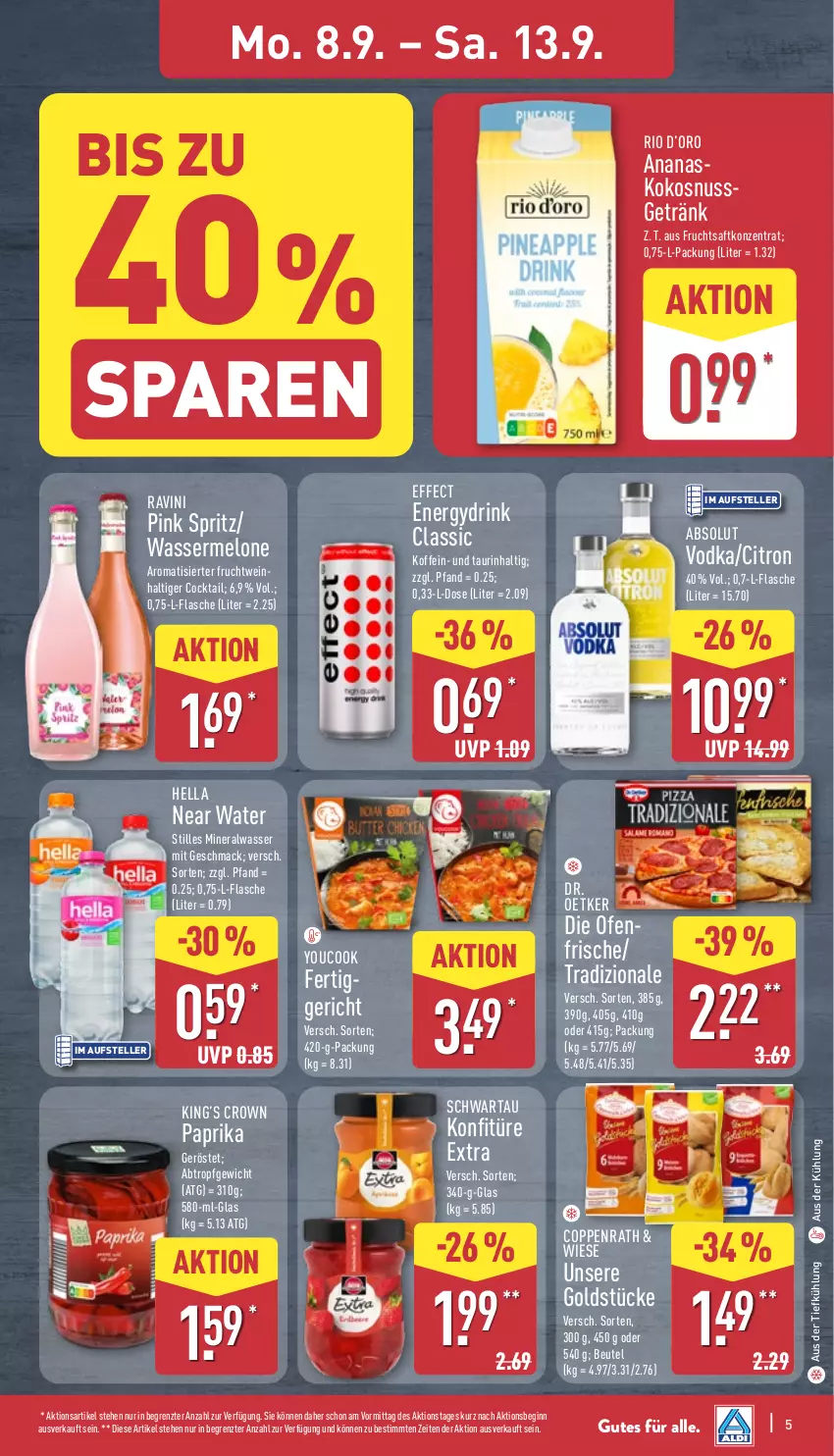 Aktueller Prospekt Aldi Nord - Von Montag - von 08.09 bis 13.09.2025 - strona 9 - produkty: Absolut Vodka, Alwa, ananas, aus der tiefkühlung, beutel, cocktail, coppenrath, Dr. Oetker, drink, Effect, elle, flasche, frucht, fruchtsaft, getränk, gin, Goldstücke, hella, kokos, kokosnuss, konfitüre, konfitüre extra, mac, melone, mineralwasser, nuss, Ofen, paprika, saft, Schwartau, teller, Ti, tradizionale, vodka, wasser, wassermelone, wein, Yo, YouCook, ZTE