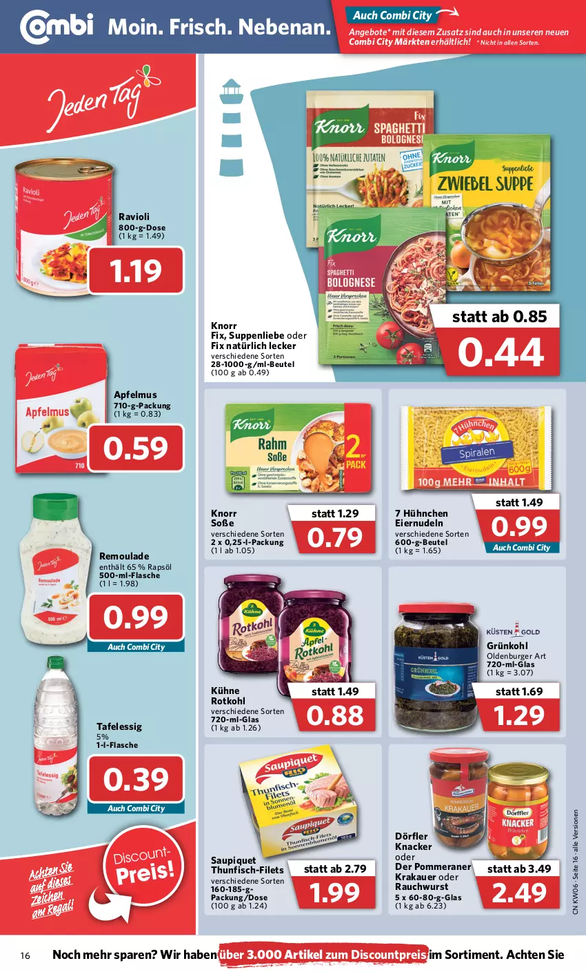 Aktueller Prospekt Combi - Prospekte - von 07.02 bis 12.02.2022 - strona 16 - produkty: angebot, angebote, apfel, apfelmus, auer, beutel, burger, discount, eier, eiernudeln, eis, essig, filet, filets, fisch, flasche, knacker, knorr, knorr fix, krakauer, Kühne, nudel, nudeln, rapsöl, Rauch, ravioli, reis, remoulade, rotkohl, saupiquet, Soße, suppe, suppen, suppenliebe, thunfisch, Ti, wurst