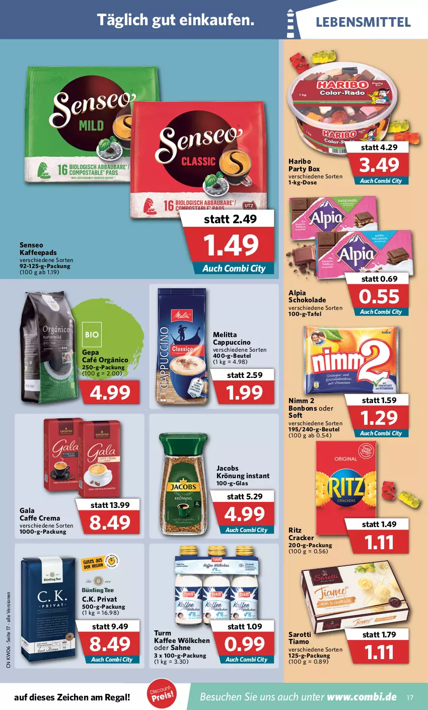 Aktueller Prospekt Combi - Prospekte - von 07.02 bis 12.02.2022 - strona 17 - produkty: alpia, beutel, bonbons, caffe, Cap, cappuccino, cin, cracker, haribo, jacobs, jacobs krönung, kaffee, kaffeepads, lebensmittel, melitta, Nimm 2, regal, sahne, saro, sarotti, schoko, schokolade, senseo, Ti