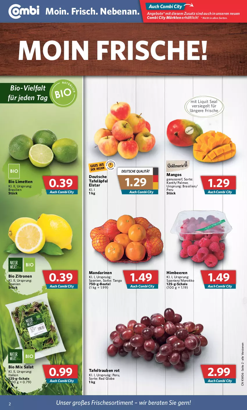 Aktueller Prospekt Combi - Prospekte - von 07.02 bis 12.02.2022 - strona 2 - produkty: angebot, angebote, beere, beeren, beutel, bio, himbeer, himbeere, himbeeren, limette, limetten, mandarine, mandarinen, mango, mangos, Mett, metten, nuss, salat, Schal, Schale, tafeläpfel, tafeltrauben, Ti, trauben, zitrone, zitronen