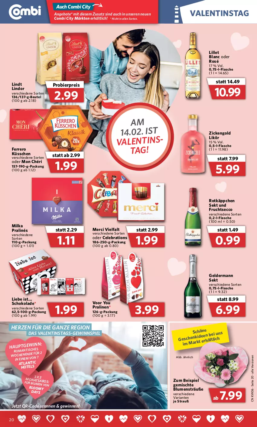 Aktueller Prospekt Combi - Prospekte - von 07.02 bis 12.02.2022 - strona 20 - produkty: angebot, angebote, beutel, bier, blume, blumen, ecco, eis, ferrero, Ferrero Küsschen, flasche, frucht, fruchtsecco, geldermann, gewinnspiel, likör, lillet, lindor, lindt, merci, milka, Mon Chéri, pralinen, reis, Ria, rotkäppchen, schoko, schokolade, sekt, Ti, Yo