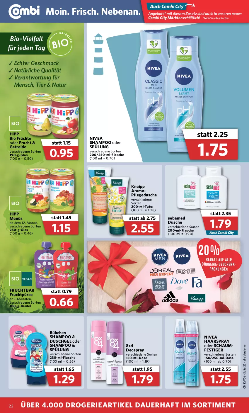 Aktueller Prospekt Combi - Prospekte - von 07.02 bis 12.02.2022 - strona 22 - produkty: angebot, angebote, auer, beutel, bio, bübchen, deo, deospray, dusche, duschgel, flasche, frucht, früchte, geschenkpackung, haarspray, hipp, kneipp, mac, natur, nivea, oder schaumfestiger, pflegedusche, püree, schaumfestiger, sebamed, shampoo, shampoo oder spülung, spülung, Ti