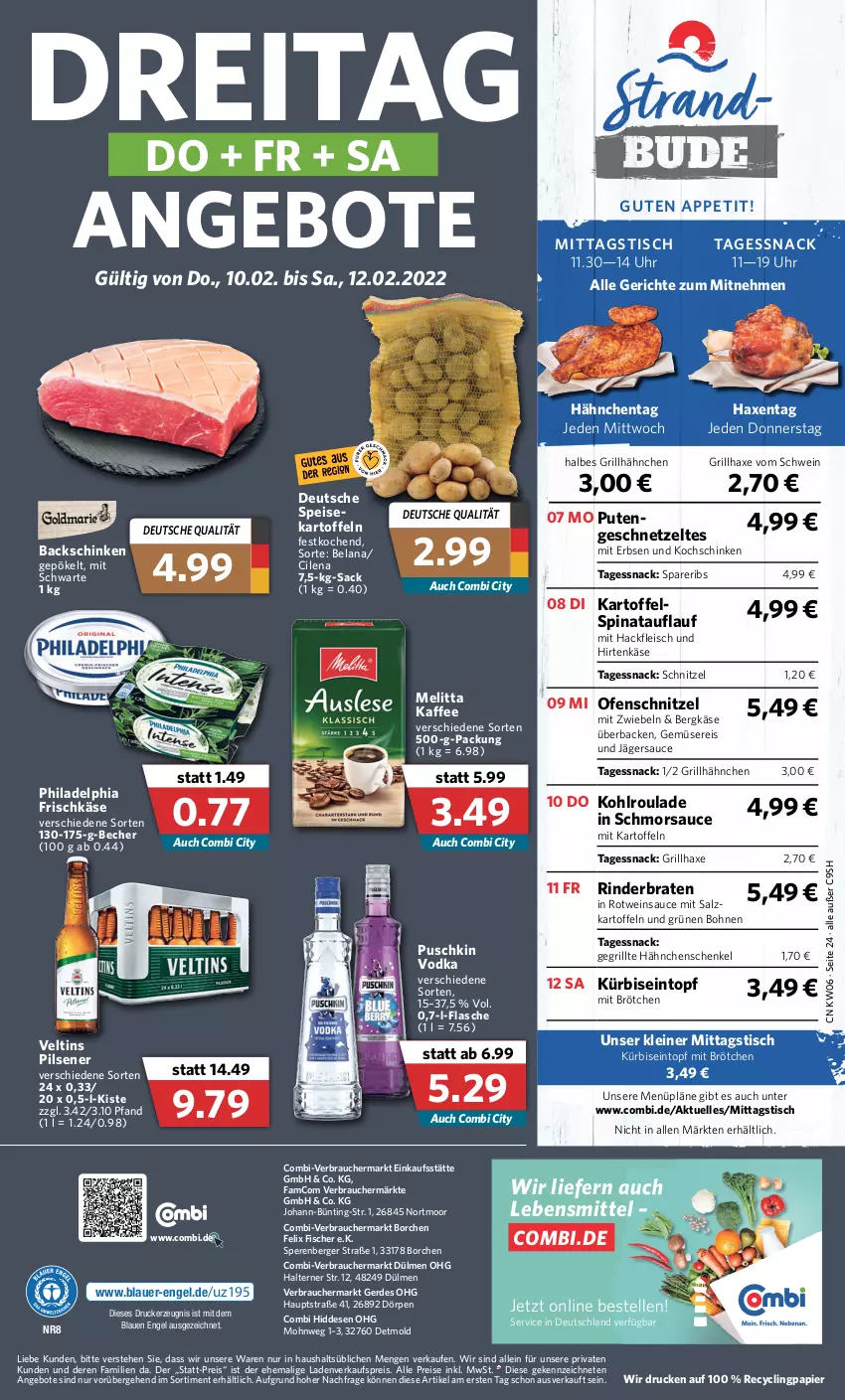 Aktueller Prospekt Combi - Prospekte - von 07.02 bis 12.02.2022 - strona 24 - produkty: angebot, angebote, auer, axe, Becher, Berger, Bergkäse, bohne, bohnen, braten, brötchen, Clin, drucker, eintopf, eis, Elan, elle, Engel, erbsen, erde, felix, fisch, fische, Fischer, flasche, fleisch, frischkäse, Gegrillte Hähnchenschenkel, geschnetzeltes, grill, grillhähnchen, grillhaxe, hackfleisch, hähnchenschenkel, Haxe, henkel, hirtenkäse, kaffee, kartoffel, kartoffeln, Käse, kerze, kochschinken, Kürbis, lebensmittel, leine, melitta, mit zwiebeln, Ofen, papier, philadelphia, pils, pilsener, puschkin vodka, pute, Rauch, reis, rind, rinder, rinderbraten, rotwein, sac, salz, sauce, schenkel, schinken, schnitzel, schwein, snack, spareribs, spinat, Ti, tisch, topf, uhr, veltins, veltins pilsener, vodka, wein, Zelt, zwiebel, zwiebeln