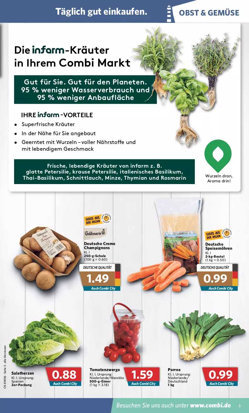 Aktueller Prospekt Combi - Prospekte - von 07.02 bis 12.02.2022 - strona 3 - produkty: basilikum, Bau, beutel, champignon, champignons, creme, eimer, eis, kräuter, latte, mac, minze, möhren, obst, petersilie, Rauch, rosmarin, salat, salatherzen, Schal, Schale, schnittlauch, speisemöhren, tomate, tomaten, wasser