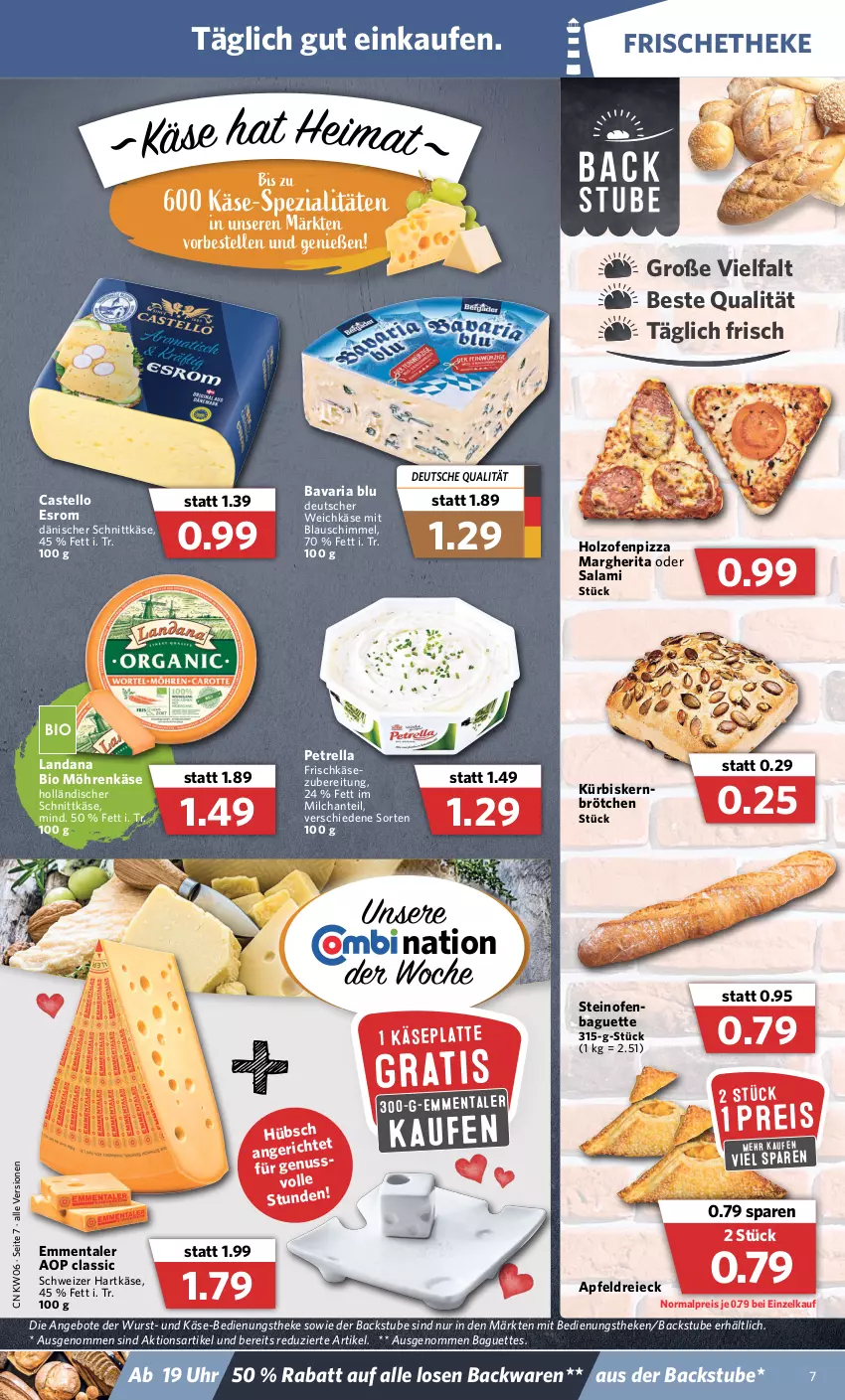 Aktueller Prospekt Combi - Prospekte - von 07.02 bis 12.02.2022 - strona 7 - produkty: angebot, angebote, apfel, backwaren, baguette, baguettes, bavaria blu, bio, brötchen, dänischer schnittkäse, deutscher weichkäse, eis, elle, emmentaler, esrom, frischkäse, hartkäse, holländischer schnittkäse, Holz, Käse, Kürbis, Kürbiskernbrötchen, latte, margherita, milch, möhren, Ofen, petrella, pizza, reis, rel, Ria, salami, schnittkäse, schweizer hartkäse, Spezi, steinofen, stube, Ti, uhr, weichkäse, wurst