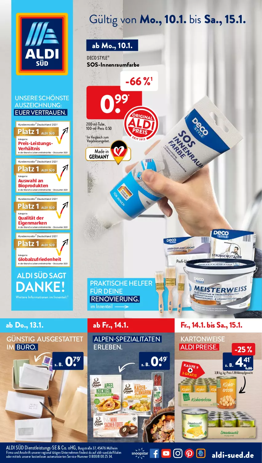 Aktueller Prospekt AldiSud - ALDI Aktuell - von 10.01 bis 15.01.2022 - strona 1 - produkty: aldi, angebot, auto, bio, discount, eis, ente, lebensmittel, monitor, Pinsel, Pinselset, Raumfarbe, reis, resa, Spezi, Ti, tisch