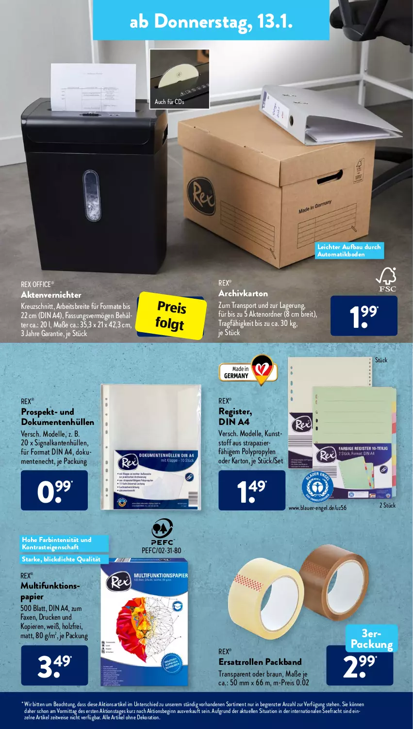 Aktueller Prospekt AldiSud - ALDI Aktuell - von 10.01 bis 15.01.2022 - strona 13 - produkty: Aktenvernichter, alle artikel ohne dekoration, auer, auto, axe, Bau, Behälter, braun, Brei, dekoration, dell, din a4, eis, elle, Engel, ente, gin, Holz, LG, Mode, office, ordner, Packband, papier, reis, Signal, Sport, Ti, ZTE