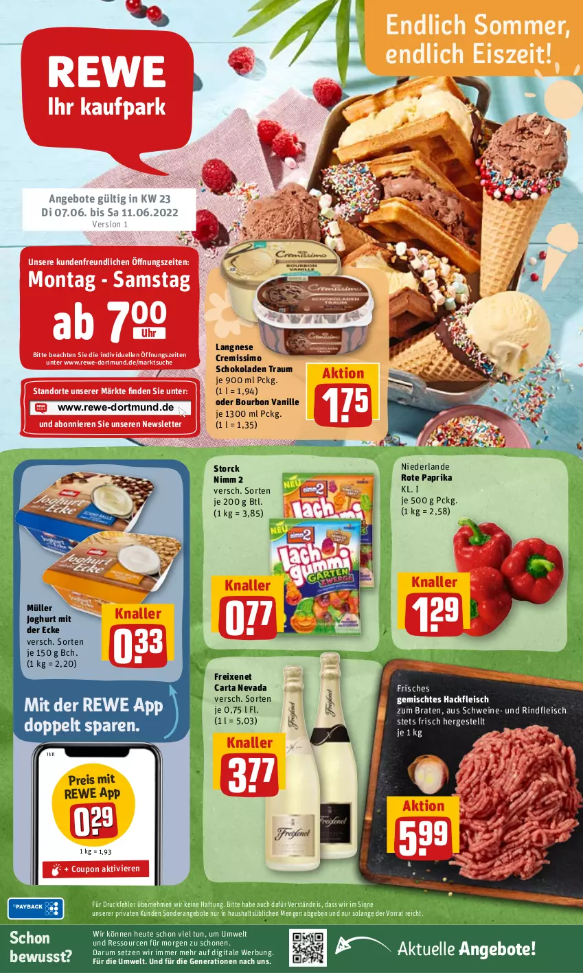 Aktueller Prospekt Rewe - REWE Ihr Kaufpark - von 07.06 bis 11.06.2022 - strona 1 - produkty: angebot, angebote, bourbon, bourbon vanille, braten, coupon, cremissimo, eis, elle, fleisch, freixenet, hackfleisch, Heu, joghur, joghurt, joghurt mit der ecke, langnese, langnese cremissimo, Müller, Nimm 2, paprika, reis, rind, rindfleisch, rum, schoko, schokolade, schokoladen, schwein, schweine, sim, storck, Ti, uhr, vanille, wein, weine