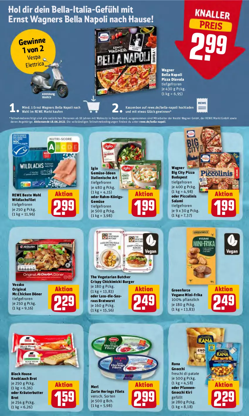 Aktueller Prospekt Rewe - REWE Ihr Kaufpark - von 07.06 bis 11.06.2022 - strona 10 - produkty: bratwurst, brot, burger, butter, eis, filet, filets, gin, gnocchi, hering, Herings, iglo, kiri, knoblauch, kräuter, kräuterbutter, lachs, lachsfilet, merl, nestlé, oder kräuter, oder piccolinis, pfanne, pfannen, piccolinis, pizza, Rana, reis, rewe beste wahl, Ria, ring, salami, The Vegetarian Butcher, Ti, Vegeta, vossko, wagner, wagners, Wild, wildlachs, wurst