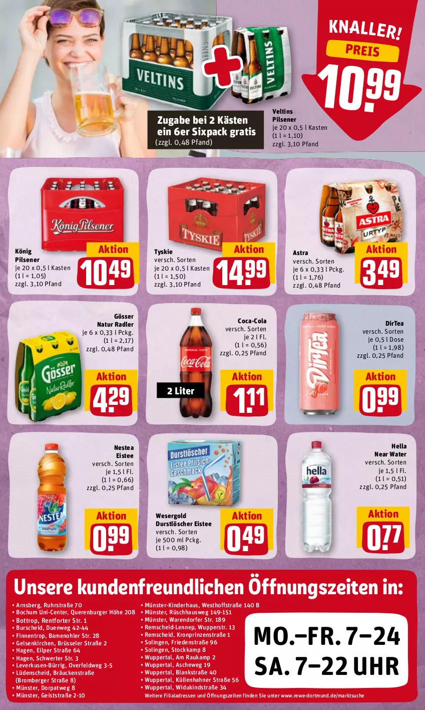 Aktueller Prospekt Rewe - REWE Ihr Kaufpark - von 07.06 bis 11.06.2022 - strona 19 - produkty: Astra, Berger, burger, coca-cola, cola, durstlöscher, eis, eistee, ente, gösser, hella, Kinder, könig pilsener, natur, natur radler, Nestea, pils, pilsener, radler, reis, tee, Ti, tyskie, uhr, veltins, veltins pilsener