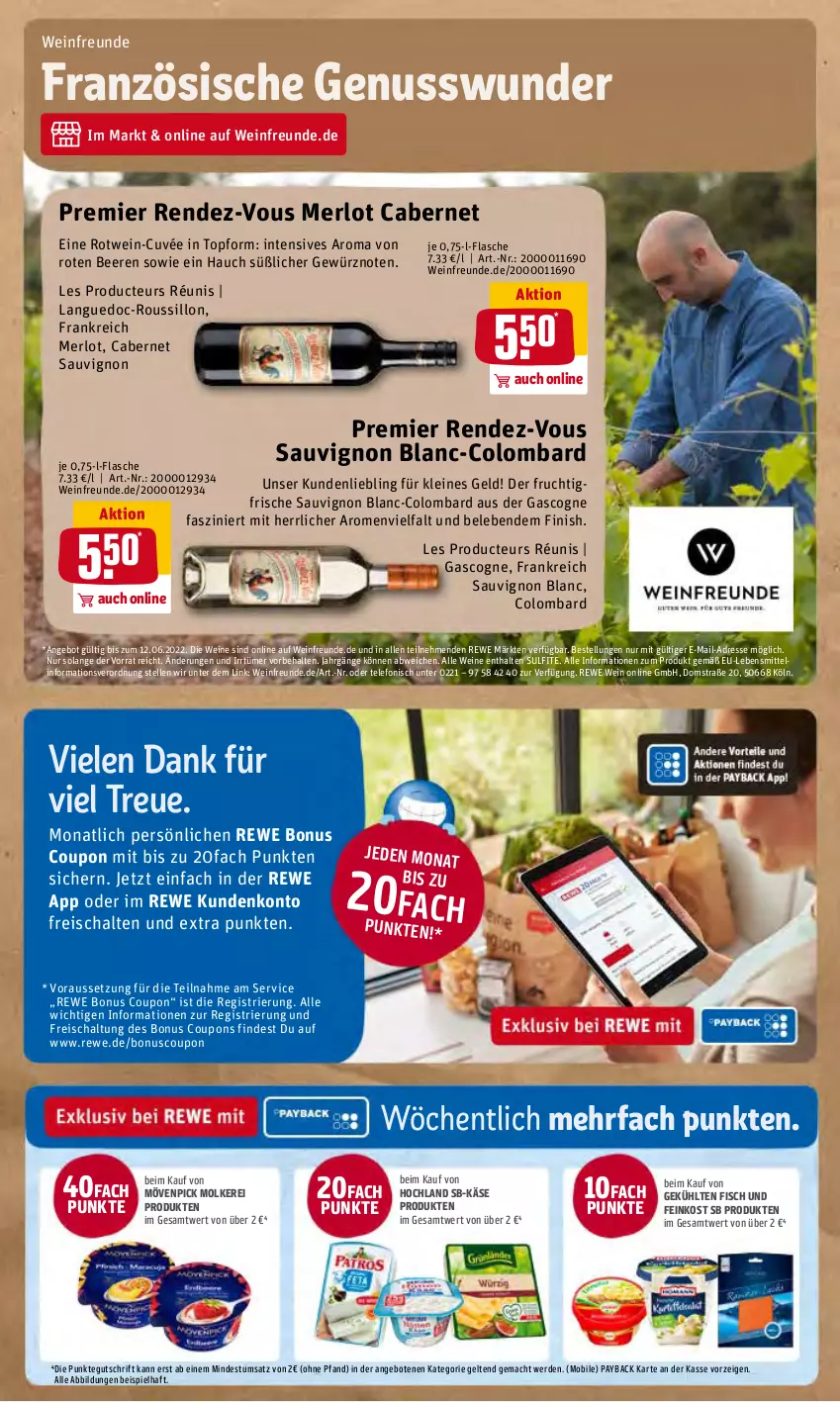 Aktueller Prospekt Rewe - REWE Ihr Kaufpark - von 07.06 bis 11.06.2022 - strona 20 - produkty: angebot, angebote, beere, beeren, cabernet, cabernet sauvignon, coupon, coupons, cuvée, eis, elle, erde, feinkost, Finish, fisch, flasche, frucht, gewürz, hochland, Käse, lebensmittel, leine, mac, merl, merlot, mövenpick, nuss, payback, reis, rotwein, sauvignon, sauvignon blanc, Schal, telefon, Ti, topf, wein, weine