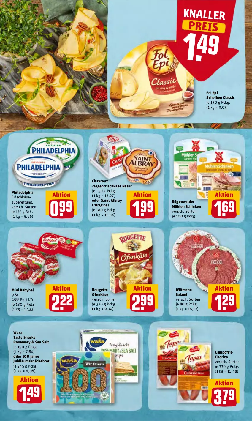 Aktueller Prospekt Rewe - REWE Ihr Kaufpark - von 07.06 bis 11.06.2022 - strona 8 - produkty: albray, babybel, brot, campofrio, chavroux, chorizo, eis, fol epi, frischkäse, frischkäsezubereitung, gin, Jubiläums, Käse, knäckebrot, mini babybel, mühlen schinken, natur, Ofen, Ofenkäse, philadelphia, reis, rouge, rougette, rügenwalder, rügenwalder mühle, saint albray, salami, schinken, snack, snacks, Ti, wasa, wiltmann, ziegenfrischkäse