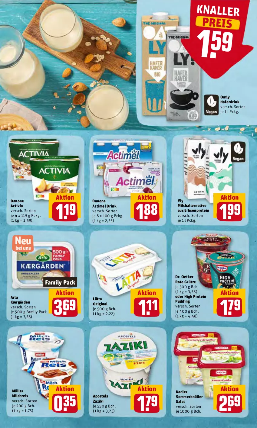 Aktueller Prospekt Rewe - REWE Ihr Kaufpark - von 07.06 bis 11.06.2022 - strona 9 - produkty: actimel, actimel drink, activia, apostels, arla, danone, danone actimel drink, danone activia, Dr. Oetker, drink, eis, erbsen, gin, grütze, hafer, Haferdrink, Kærgården, lätta, milch, milchreis, Müller, nadler, pudding, reis, Rote Grütze, salat, Ti, zaziki