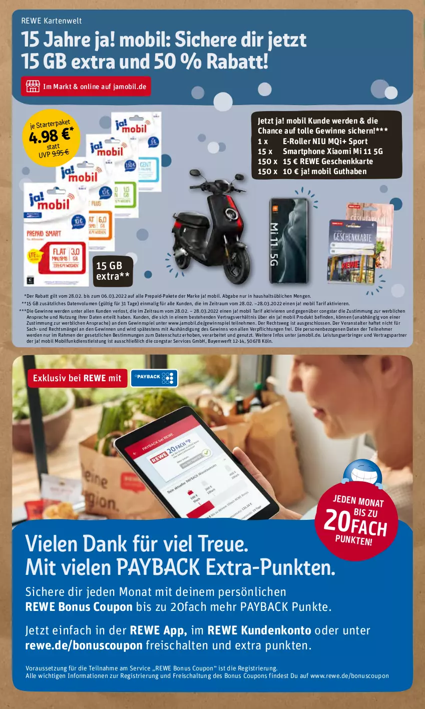 Aktueller Prospekt Rewe - REWE Ihr Kaufpark - von 28.02 bis 05.03.2022 - strona 18 - produkty: congstar, coupon, coupons, E-Roller, eis, erde, gewinnspiel, payback, reis, ring, Roller, sac, Schal, smartphone, Sport, Ti