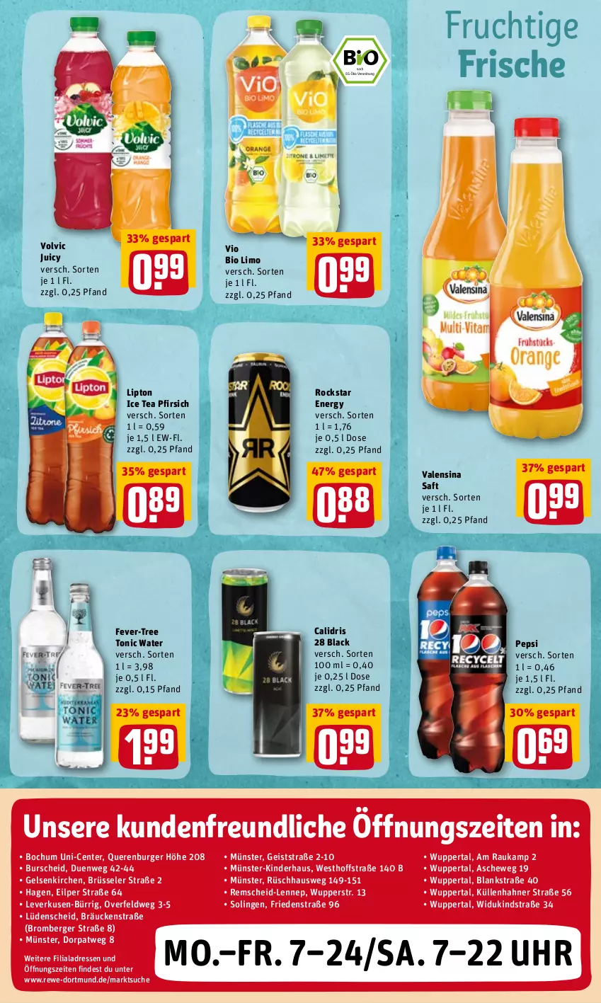 Aktueller Prospekt Rewe - REWE Ihr Kaufpark - von 28.02 bis 05.03.2022 - strona 21 - produkty: Berger, bio, bio limo, burger, eis, ente, fever-tree, frucht, ice tea, Kinder, lack, limo, lipton, lipton ice tea, pepsi, pfirsich, Rockstar, saft, Ti, tonic, tonic water, uhr, valensina, vio bio limo, volvic