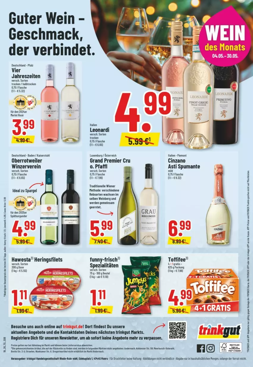 Aktueller Prospekt Trinkgut - Prospekte - von 03.05 bis 09.05.2026 - strona 10 - produkty: angebot, angebote, asti, Bad, beutel, Brei, burgunder, cin, cinzano, deka, eis, elle, erde, filet, filets, flasche, funny-frisch, hawesta, hering, Herings, heringsfilets, Kaiser, lieferservice, mac, merl, merlot, payback, Pinot, primitivo, puma, reifen, reis, ring, spargel, spätburgunder, Spezi, spumante, stuhl, Ti, toffifee, wein, wiener, ZTE