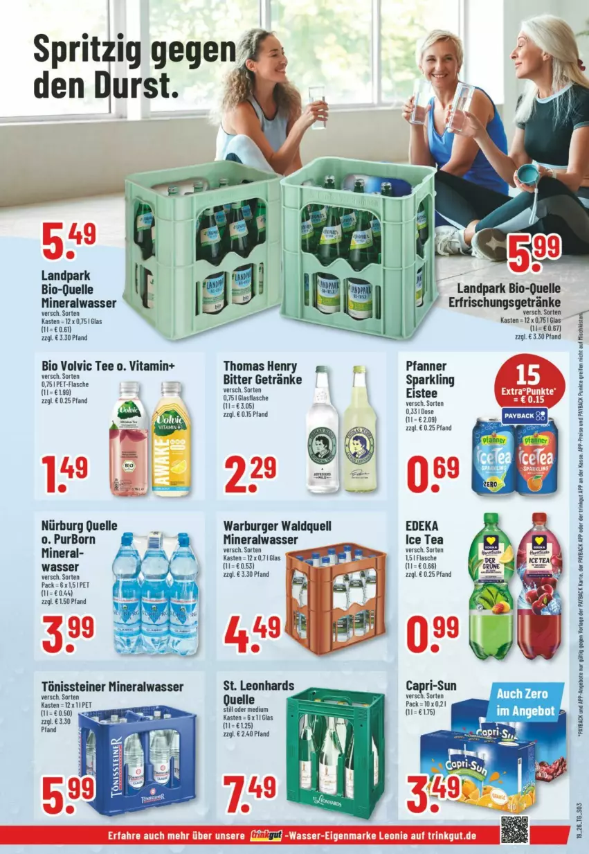 Aktueller Prospekt Trinkgut - Prospekte - von 03.05 bis 09.05.2026 - strona 3 - produkty: Alwa, angebot, bio, burger, deka, eis, eistee, elle, erfrischungsgetränk, erfrischungsgetränke, flasche, getränk, getränke, ice tea, mineralwasser, pet-flasche, pfanne, Pfanner, steiner, tee, thomas henry, Ti, vita, volvic, wasser