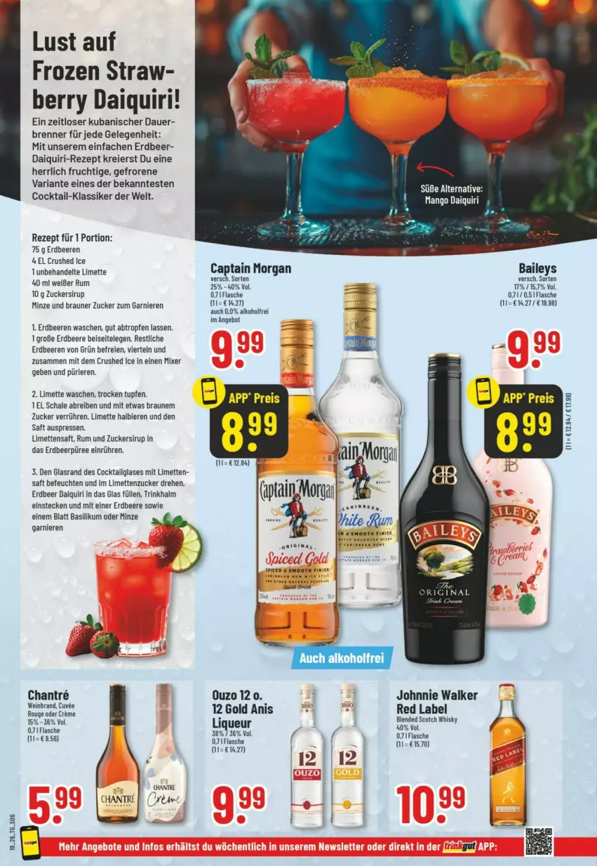 Aktueller Prospekt Trinkgut - Prospekte - von 03.05 bis 09.05.2026 - strona 8 - produkty: alkohol, angebot, auer, baileys, basilikum, beere, beeren, bier, Biere, braun, Brei, Cap, captain morgan, cocktail, crushed ice, eier, eis, erdbeere, erdbeeren, flasche, frucht, garnier, johnnie walker, LG, limette, limetten, liqueur, mango, Mett, metten, minze, Mixer, ouzo, ouzo 12, püree, rezept, Ria, rum, saft, Schal, Schale, sirup, Ti, zucker