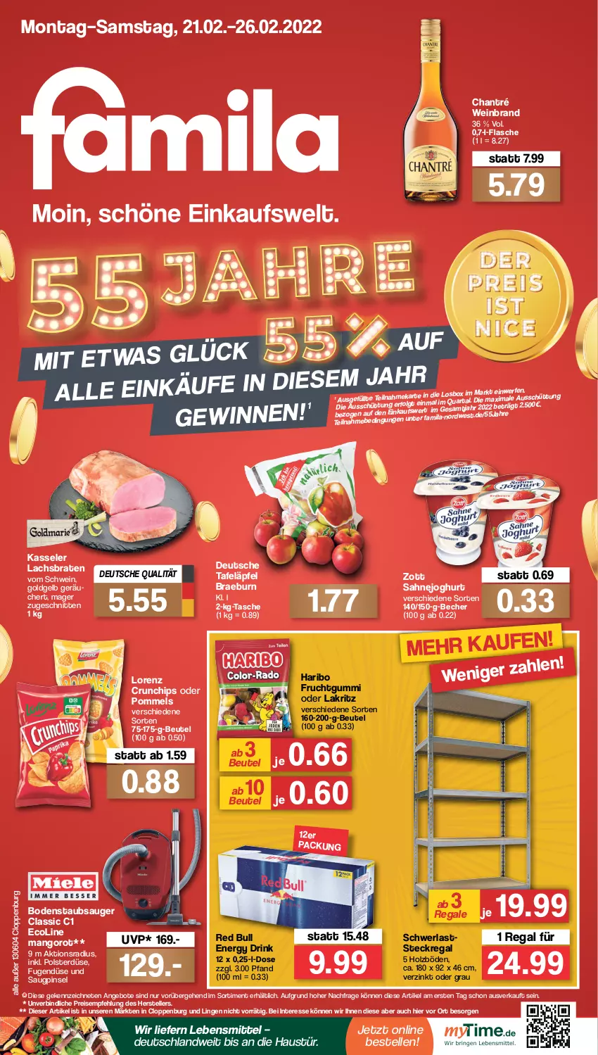 Aktueller Prospekt Famila - Prospekte - von 21.02 bis 26.02.2022 - strona 1 - produkty: angebot, angebote, aust, Becher, beutel, bodenstaubsauger, braten, chantré, chips, crunchips, drink, Eckregal, eis, elle, energy drink, flasche, frucht, fruchtgummi, haribo, Holz, joghur, joghurt, kasseler, lachs, Lachsbraten, Lakritz, lebensmittel, LG, lorenz, lorenz crunchips, mango, oder lakritz, Pinsel, Pommels, red bull, regal, reis, sahne, Sahnejoghurt, schnitten, schwein, staubsauger, steckregal, tafeläpfel, Tasche, teller, Ti, wein, weinbrand, zott