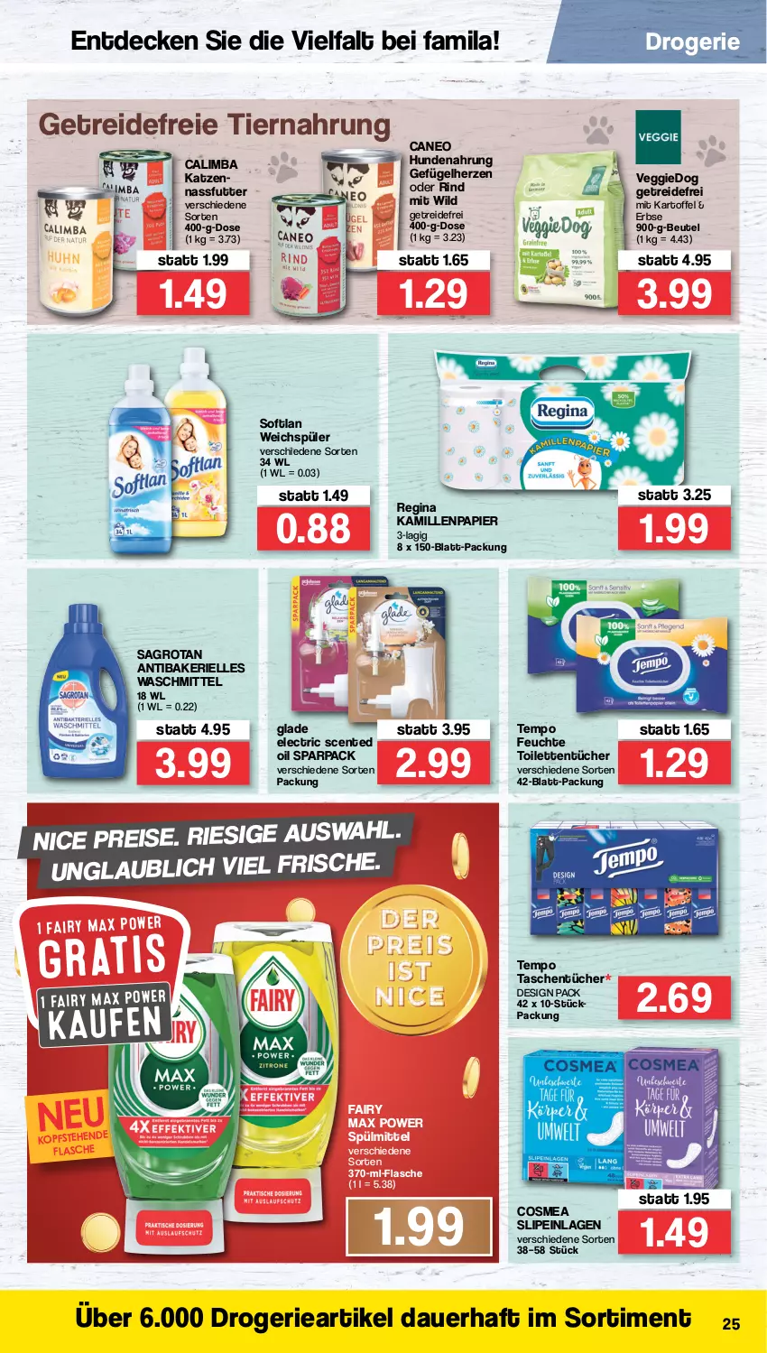 Aktueller Prospekt Famila - Prospekte - von 21.02 bis 26.02.2022 - strona 25 - produkty: auer, beutel, cosmea, decke, eis, elle, ente, fairy, flasche, Gefügel, gin, Glade, hundenahrung, Kamill, kamille, kartoffel, nassfutter, papier, reis, rind, sagrotan, slip, slipeinlagen, Softlan, spülmittel, Tasche, taschen, taschentücher, Tempo, Ti, tiernahrung, toilettentücher, tücher, veggie, waschmittel, weichspüler, Wild