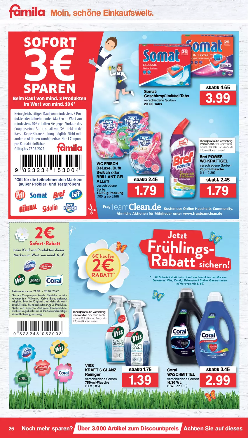 Aktueller Prospekt Famila - Prospekte - von 21.02 bis 26.02.2022 - strona 26 - produkty: bio, biozidprodukte, Bref, bref power, Brei, Coral, coupon, discount, domestos, eis, flasche, geschirr, gin, kraft, Rauch, reiniger, reis, rwe, sofort-rabatt, somat, Ti, waschmittel, wc frisch