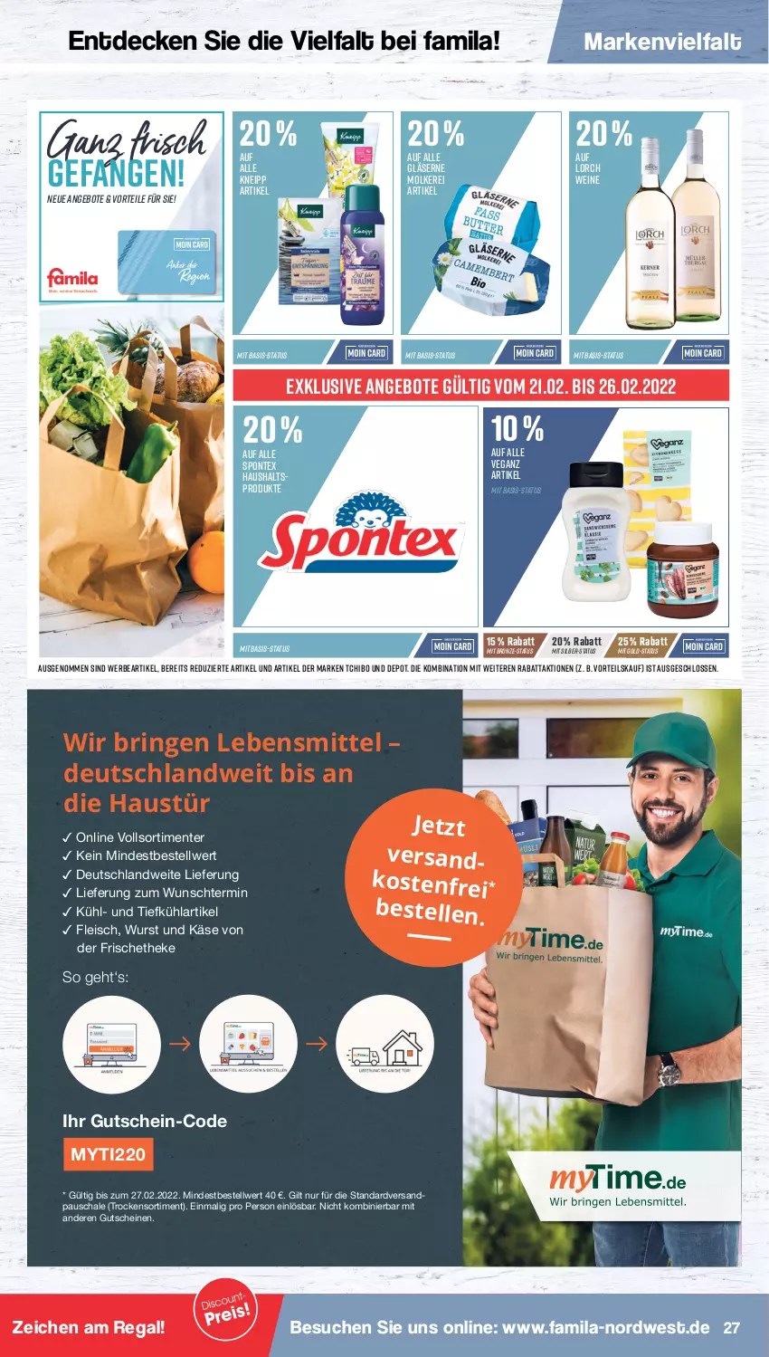 Aktueller Prospekt Famila - Prospekte - von 21.02 bis 26.02.2022 - strona 27 - produkty: angebot, angebote, aust, decke, eis, elle, ente, fleisch, Gläser, gutschein, gutscheine, Käse, kneipp, lebensmittel, ndk, regal, ring, Schal, Schale, spontex, Tchibo, Ti, wein, weine, wurst