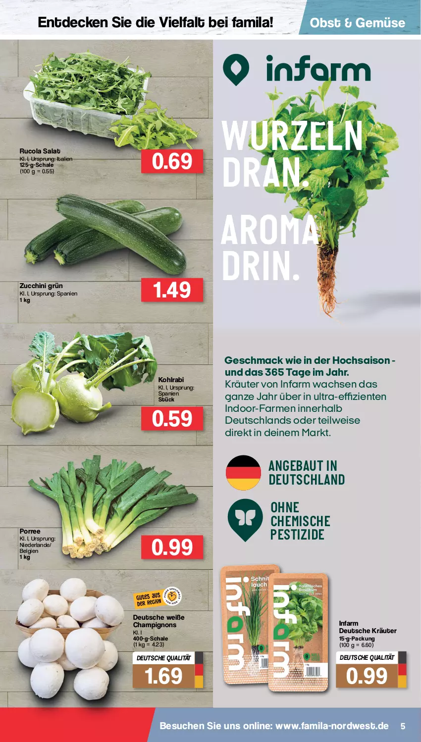 Aktueller Prospekt Famila - Prospekte - von 21.02 bis 26.02.2022 - strona 5 - produkty: Bau, champignon, champignons, cola, decke, eis, ente, kohlrabi, kräuter, LG, mac, obst, rucola, salat, Schal, Schale, Ti, zucchini