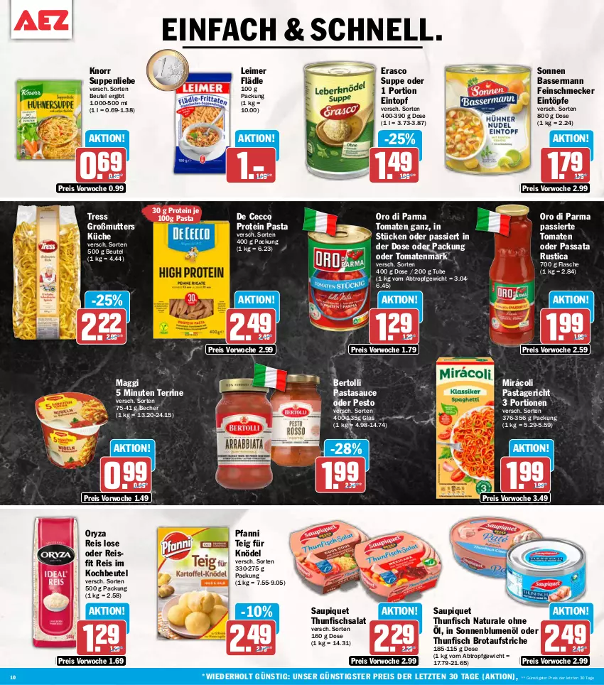 Aktueller Prospekt Aez - Prospekte - von 21.09 bis 26.09.2026 - strona 10 - produkty: aufstrich, Becher, bertolli, beutel, blume, blumen, blumenöl, brot, brotaufstrich, brotaufstriche, De Cecco, ecco, eimer, eintopf, eintöpfe, eis, erasco, feinschmecker, fisch, flasche, Knödel, knorr, kochbeutel, küche, leimer, maggi, Mirácoli, natur, natura, oro di parma, oryza, pasta, Pastagericht, pesto, pfanni, reis, salat, sauce, saupiquet, sonnenblume, sonnenblumen, sonnenblumenöl, suppe, suppen, suppenliebe, terrine, thunfisch, Thunfischsalat, Ti, tomate, tomaten, tomatenmark, topf, ZTE