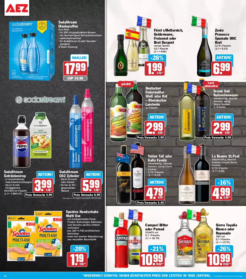 Aktueller Prospekt Aez - Prospekte - von 21.09 bis 26.09.2026 - strona 12 - produkty: alkohol, Bau, baumwolle, brut, brut dargent, campari, ecco, eis, elle, ente, erde, flasche, freixenet, gallo, gallo family, geldermann, getränk, getränke, getränkesirup, glaskaraffe, grand sud, handschuhe, HP, Karaffe, mac, Mett, metternich, natur, prosecco, puma, rebsortenweine, reis, rwe, schuhe, Sierra, sierra tequila, sirup, Soda, sodastream, spontex, Sprudel, spülmaschinen, tequila, Ti, wasser, wein, weine, wolle, yellow tail, zonin, ZTE