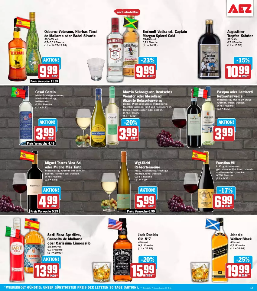 Aktueller Prospekt Aez - Prospekte - von 21.09 bis 26.09.2026 - strona 13 - produkty: alkohol, Amber, auer, aust, Bad, beere, beeren, canon, Cap, captain morgan, casal garcia, eis, ente, finesse, flasche, frucht, früchte, früchten, jack daniel, jack daniels, johnnie walker, kräuter, lack, limo, moselland, osborne, rebsortenweine, reis, sim, smirnoff, Ti, veterano, vodka, wein, weine, ZTE