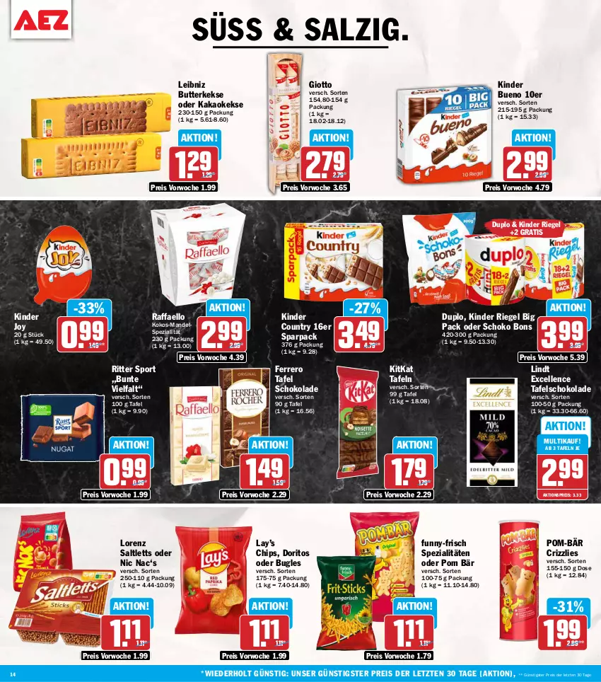 Aktueller Prospekt Aez - Prospekte - von 21.09 bis 26.09.2026 - strona 14 - produkty: aktionspreis, bugles, butter, butterkeks, chips, Doritos, duplo, eis, elle, ferrero, funny-frisch, giotto, kakao, keks, kekse, Kinder, kinder bueno, kinder country, kinder riegel, kitkat, kokos, leibniz, lindt, lorenz, mandel, pom-bär, raffaello, reis, riegel, ritter, ritter sport, saltletts, salz, schoko, schokolade, Spezi, Sport, tafelschokolade, Ti, ZTE