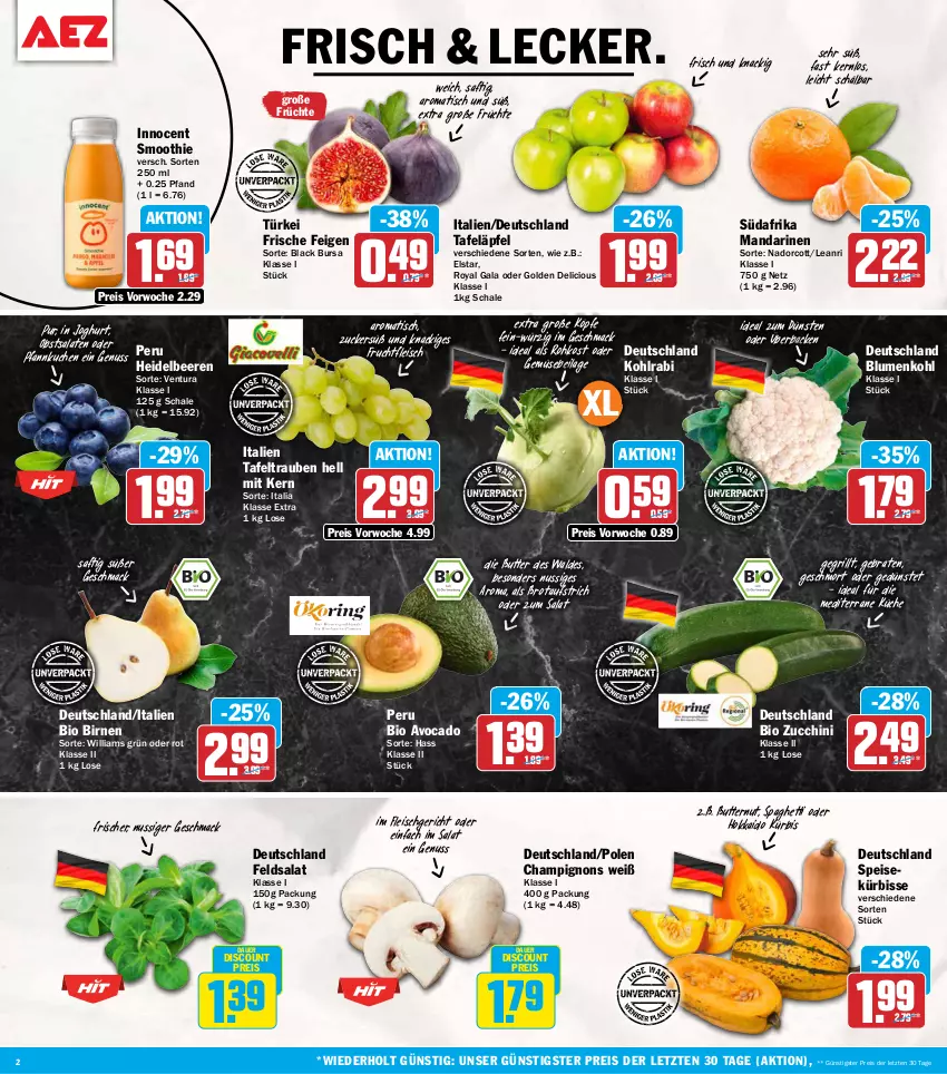 Aktueller Prospekt Aez - Prospekte - von 21.09 bis 26.09.2026 - strona 2 - produkty: auer, aufstrich, avocado, beere, beeren, bio, Birnen, blume, blumen, blumenkohl, braten, brot, brotaufstrich, butter, champignon, champignons, discount, eis, Feigen, feldsalat, fleisch, frucht, früchte, fruchtfleisch, grill, heidelbeere, heidelbeeren, ilag, Innocent, joghur, joghurt, kohlrabi, küche, kuchen, Kürbis, lack, mac, mandarine, mandarinen, nuss, obst, Pfannkuchen, reis, saft, salat, salate, Schal, Schale, smoothie, spaghetti, tafeläpfel, tafeltrauben, Ti, tisch, trauben, ZTE, zucchini, zucker
