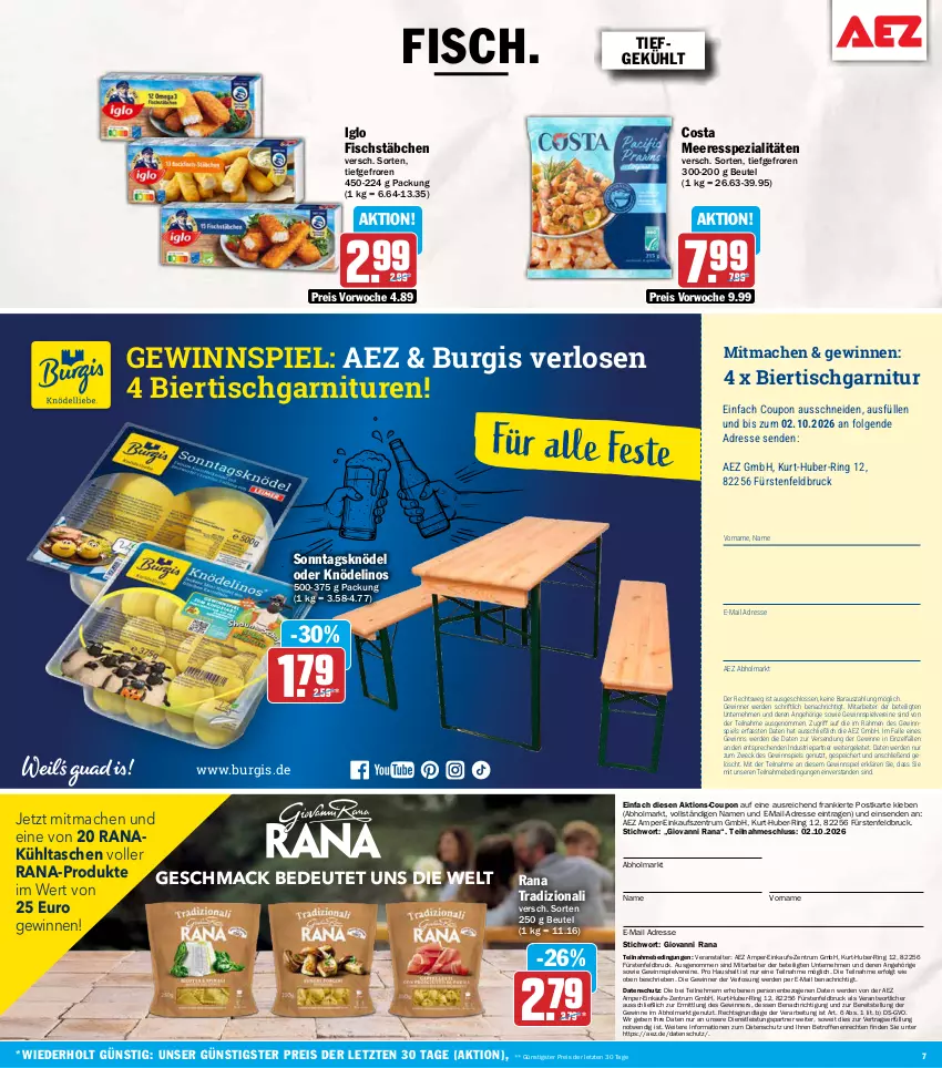 Aktueller Prospekt Aez - Prospekte - von 21.09 bis 26.09.2026 - strona 7 - produkty: AEZ, beutel, bier, coupon, eis, erde, fisch, fischstäbchen, garnitur, gewinnspiel, giovanni rana, iglo, Knödel, kühltasche, LG, mac, Rana, reis, ring, rum, Spezi, ssd, Tasche, taschen, Ti, tisch, weck, ZTE