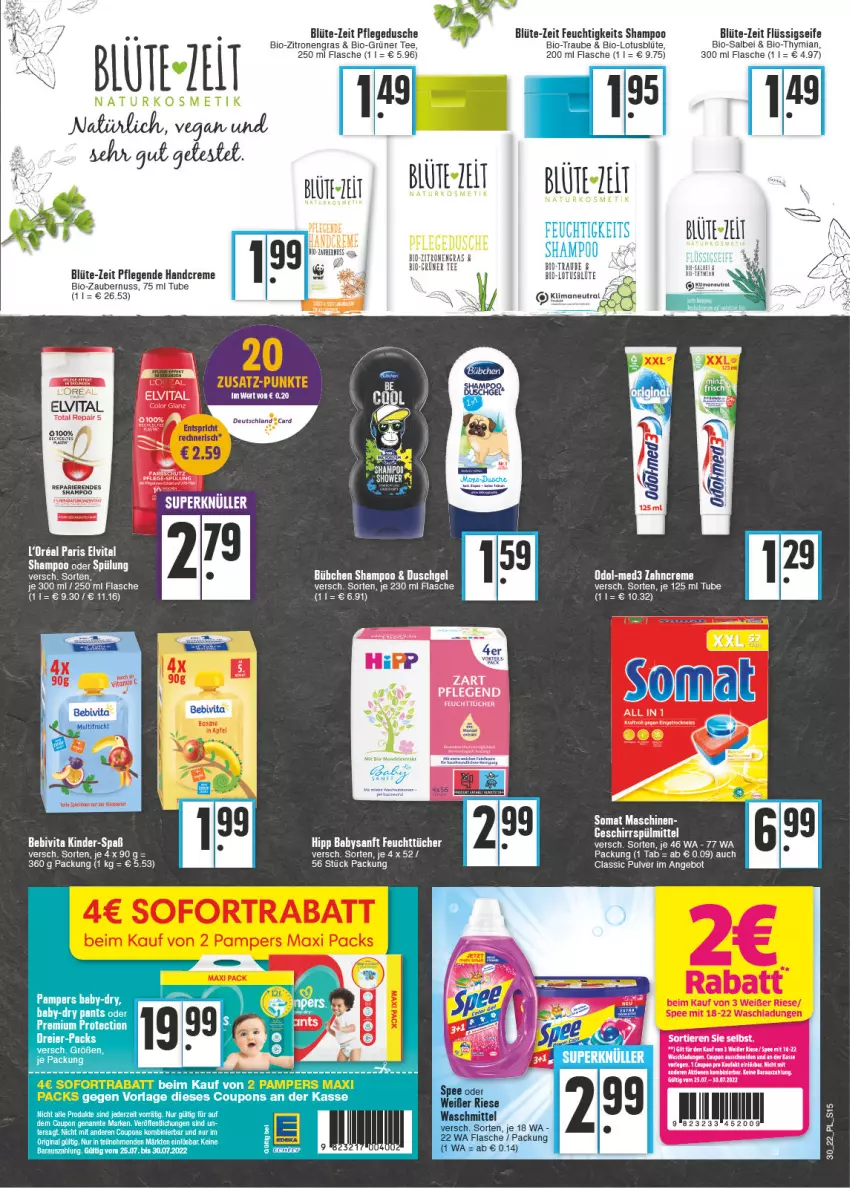 Aktueller Prospekt E Center - Angebote der Woche - von 25.07 bis 30.07.2022 - strona 15 - produkty: angebot, bebivita, bio, bio-zitronen, Blüte, bübchen, coupon, creme, dusche, duschgel, elvital, feuchttücher, flasche, flüssigseife, frucht, geschirr, geschirrspülmittel, grüner tee, handcreme, hipp, hose, hosen, Kette, Kinder, kraft, nuss, Odol, pampers, pflegedusche, Seife, shampoo, sofortrabatt, somat, spee, spülmittel, tee, Ti, Tiere, tücher, usb, vita, waschmittel, zahncreme, zitrone, zitronen